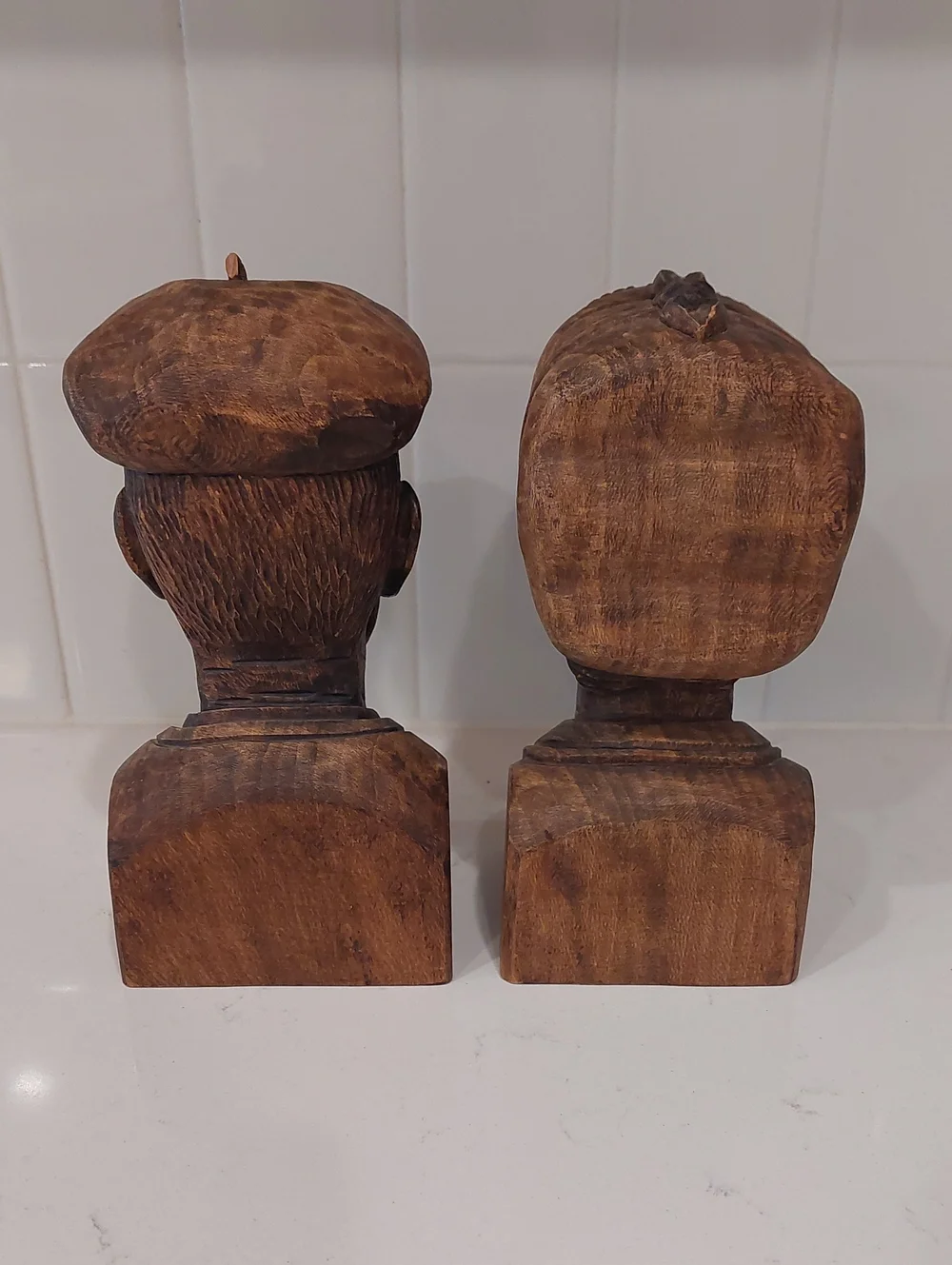 Hand Carved J. Alberdi Wooden Couple Bust Sculptures/Bookends